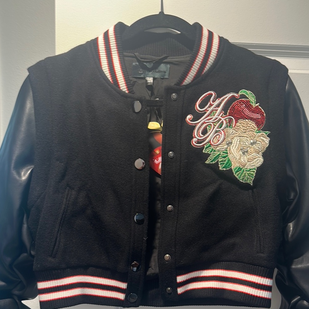 Apple Bottom Black Varsity Jacket with Embroidered Apple and Rose